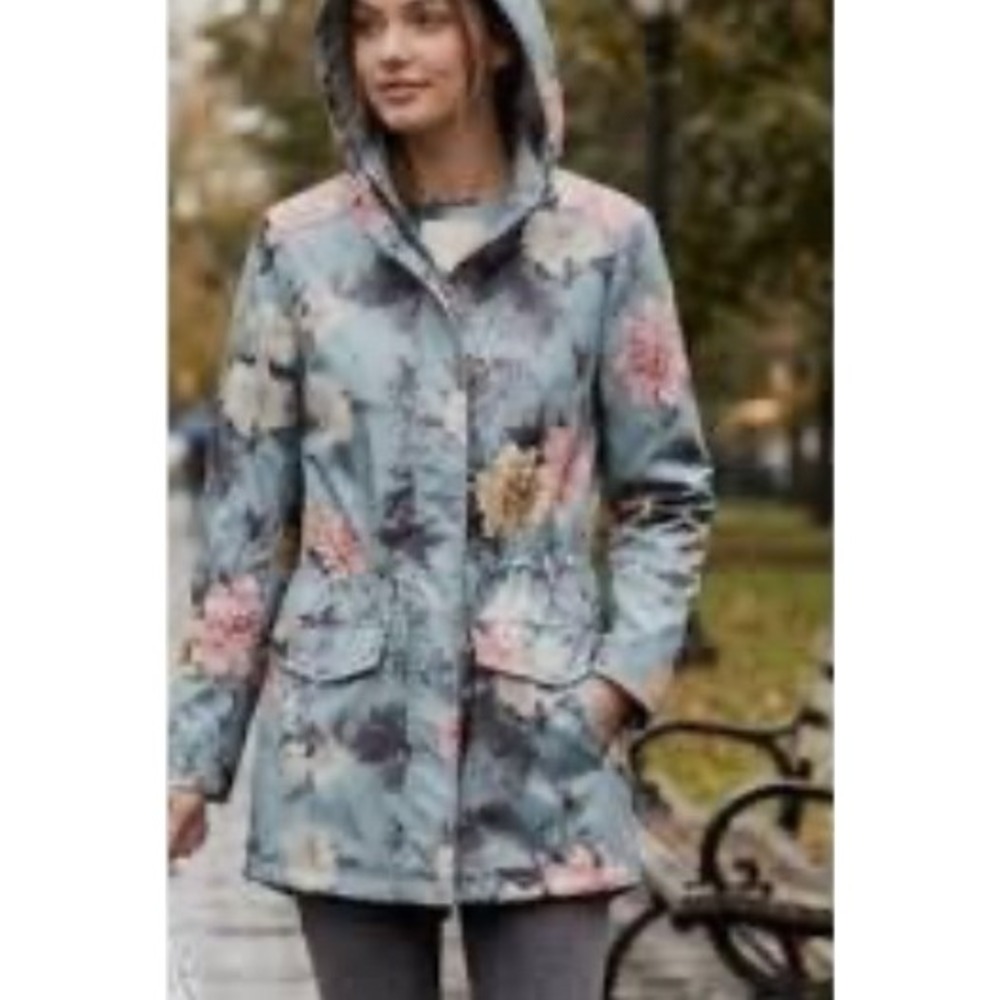 Altar'd State Floral Raincoat Blue Pink Peony Hooded Parka Jacket Womens XS NWOT